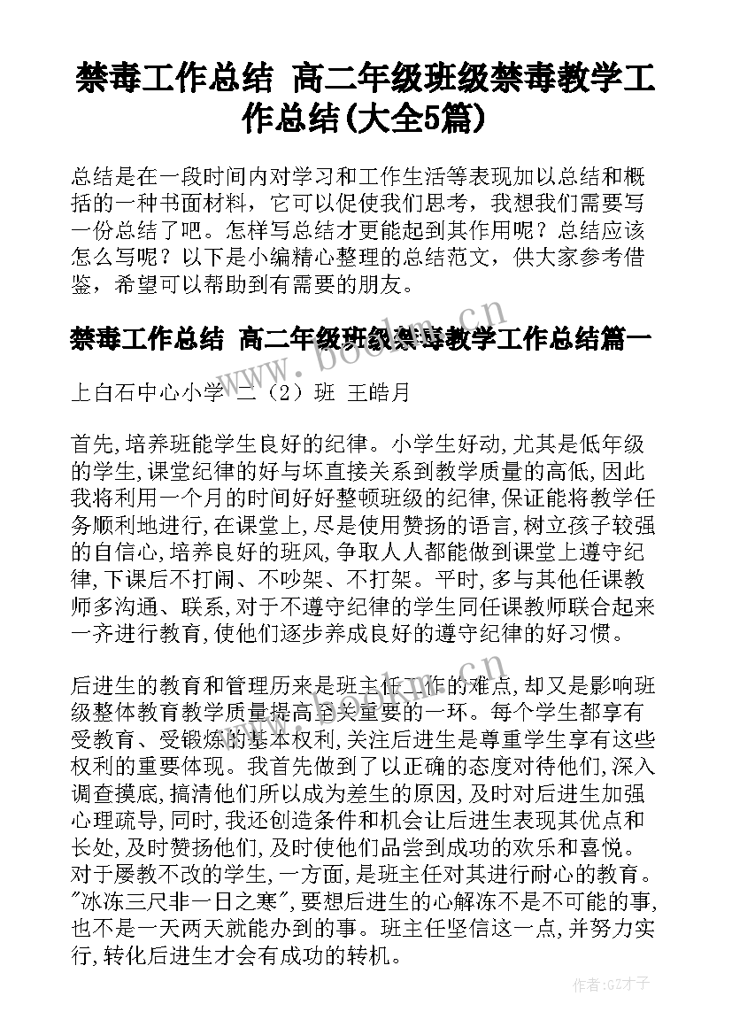 禁毒工作总结 高二年级班级禁毒教学工作总结(大全5篇)