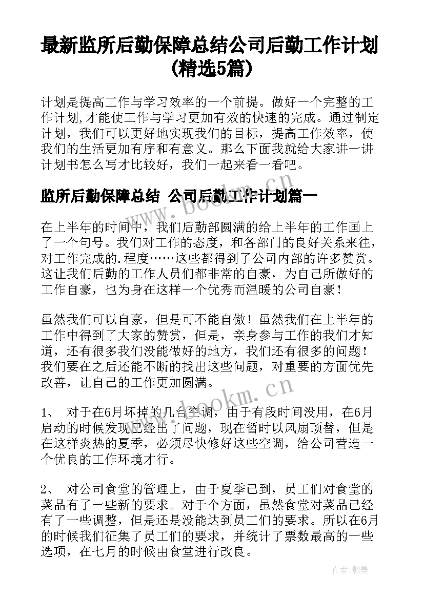 最新监所后勤保障总结 公司后勤工作计划(精选5篇)