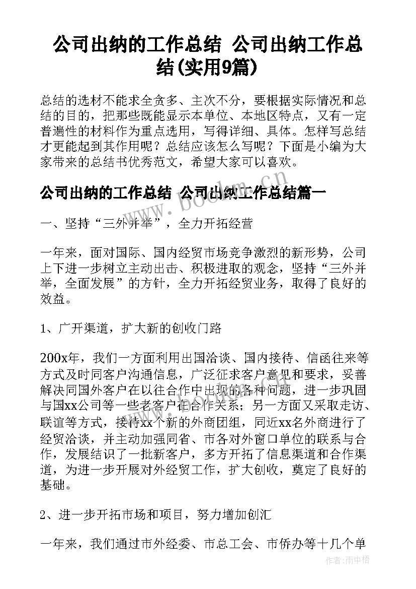 公司出纳的工作总结 公司出纳工作总结(实用9篇)