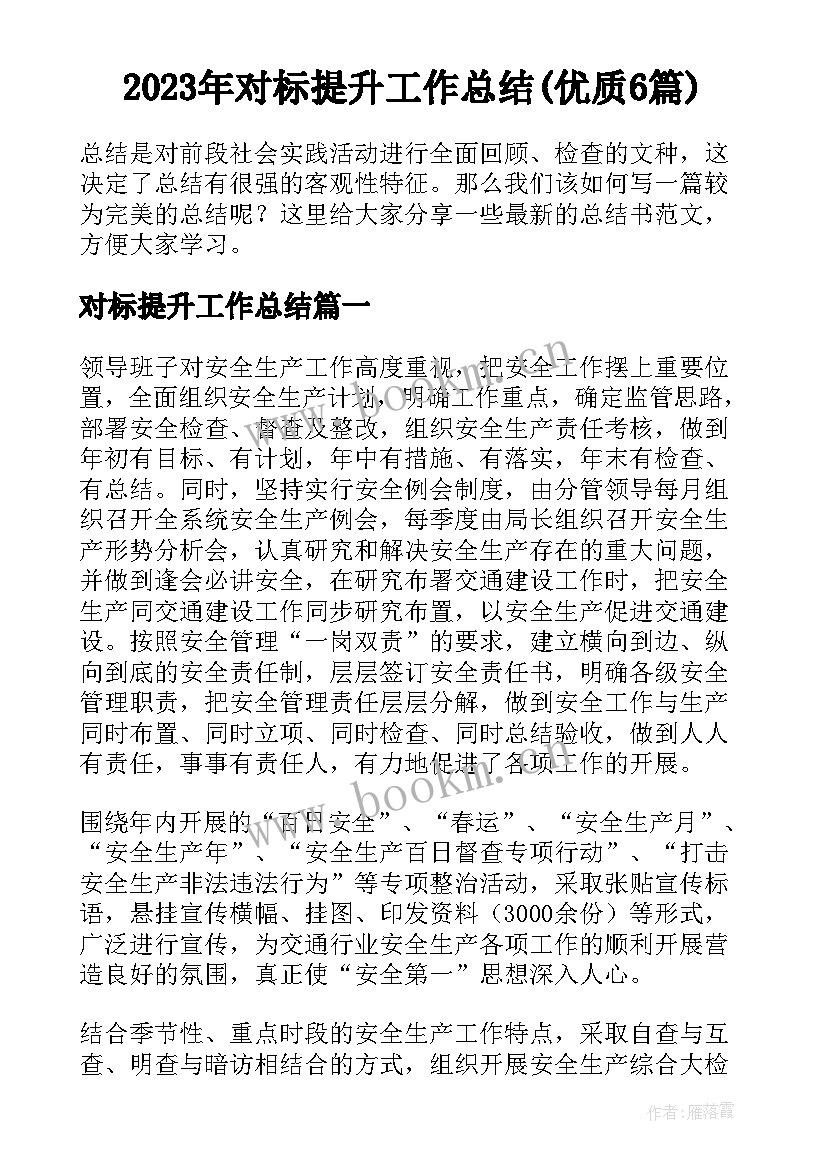 2023年对标提升工作总结(优质6篇)