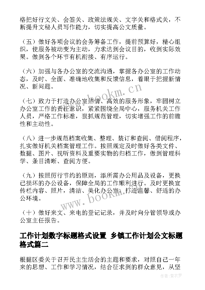 2023年工作计划数字标题格式设置 乡镇工作计划公文标题格式(通用5篇)