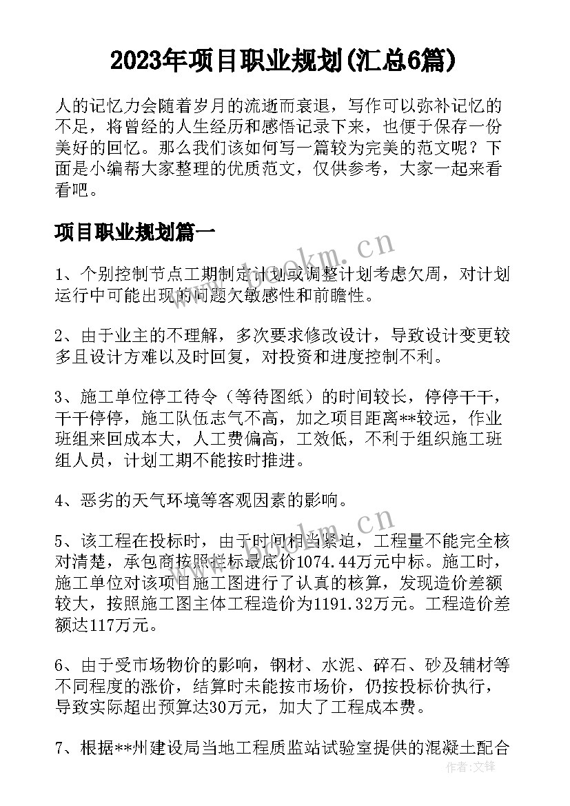 2023年项目职业规划(汇总6篇)