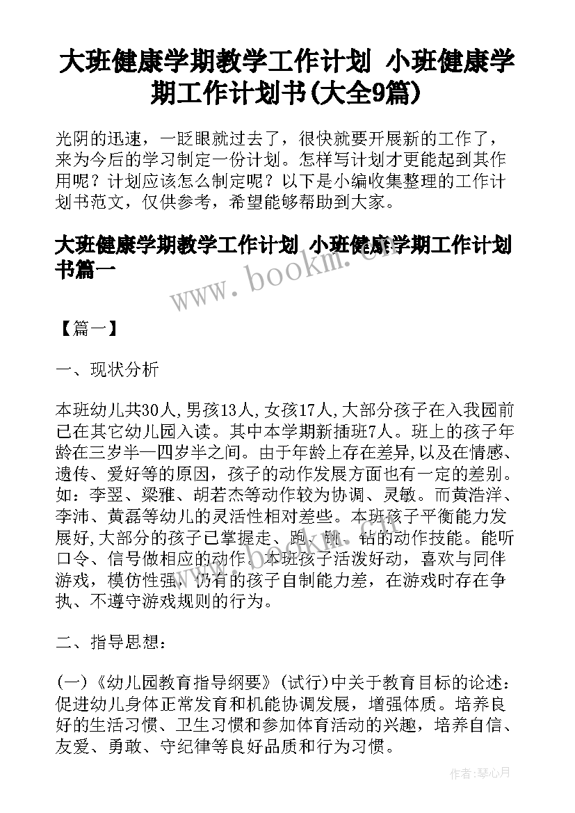 大班健康学期教学工作计划 小班健康学期工作计划书(大全9篇)