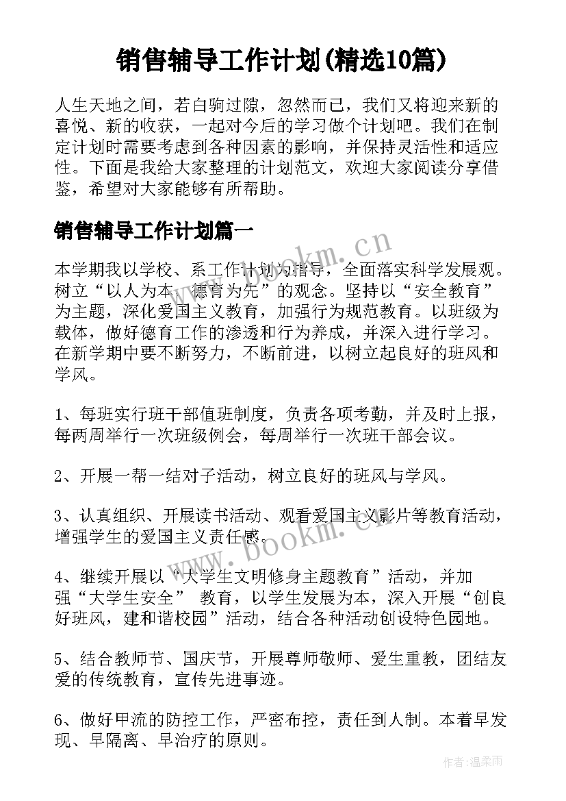 销售辅导工作计划(精选10篇)