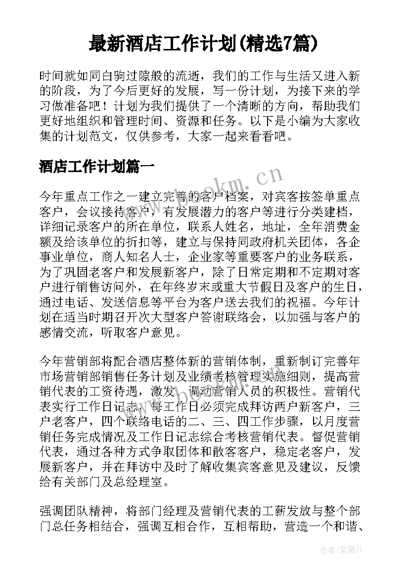 最新酒店工作计划(精选7篇)