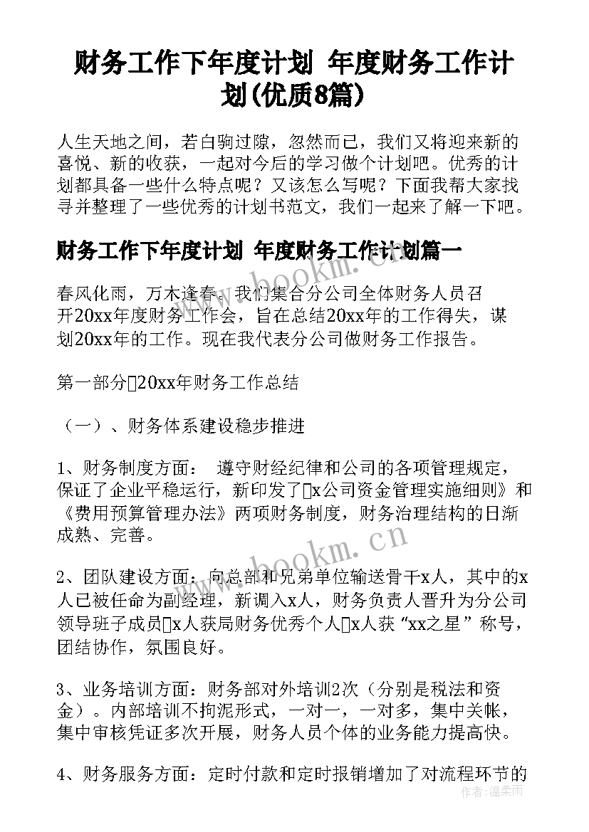 财务工作下年度计划 年度财务工作计划(优质8篇)