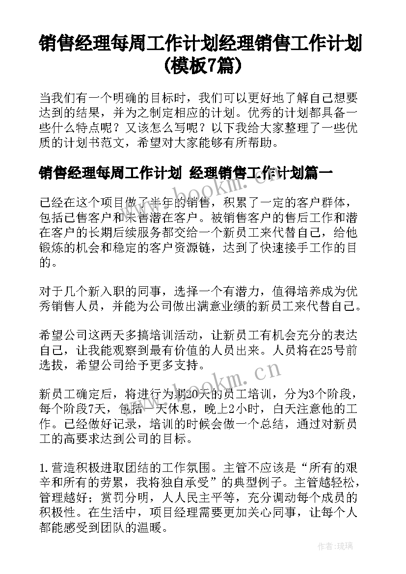 销售经理每周工作计划 经理销售工作计划(模板7篇)