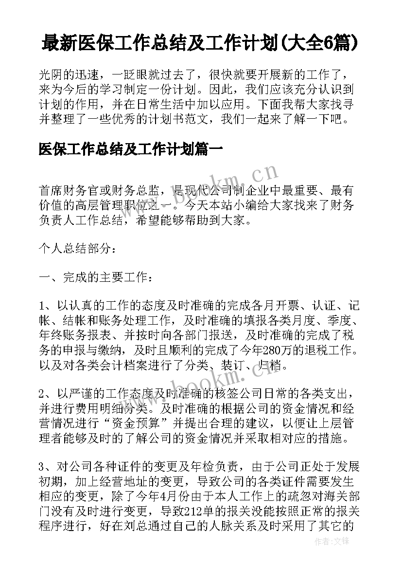 最新医保工作总结及工作计划(大全6篇)