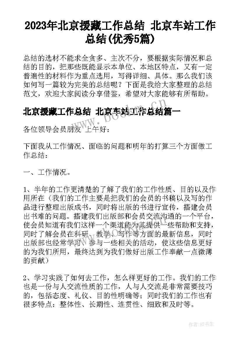 2023年北京援藏工作总结 北京车站工作总结(优秀5篇)