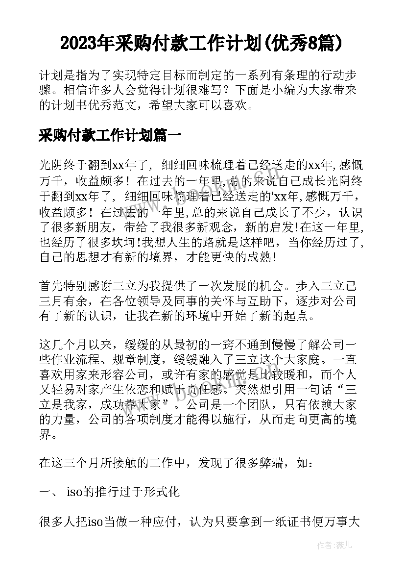 2023年采购付款工作计划(优秀8篇)