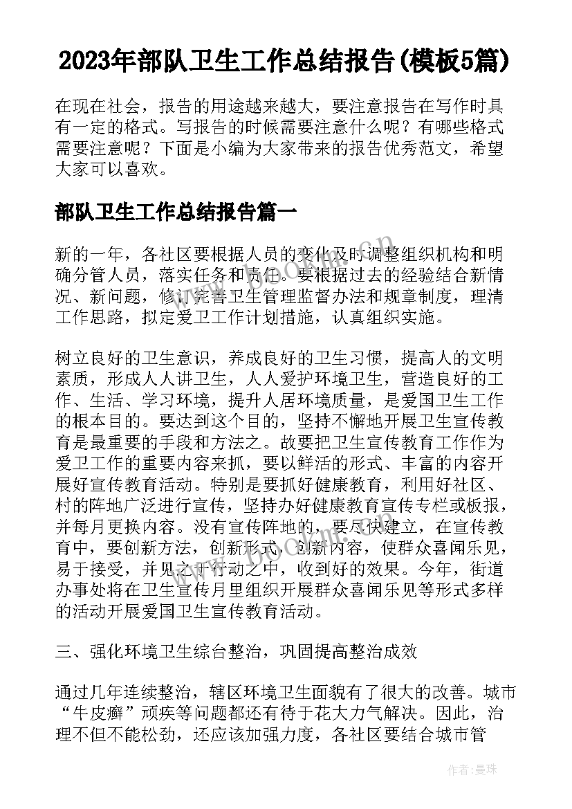 2023年部队卫生工作总结报告(模板5篇)