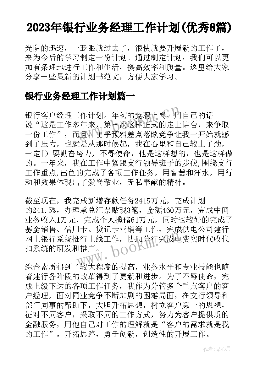 2023年银行业务经理工作计划(优秀8篇)