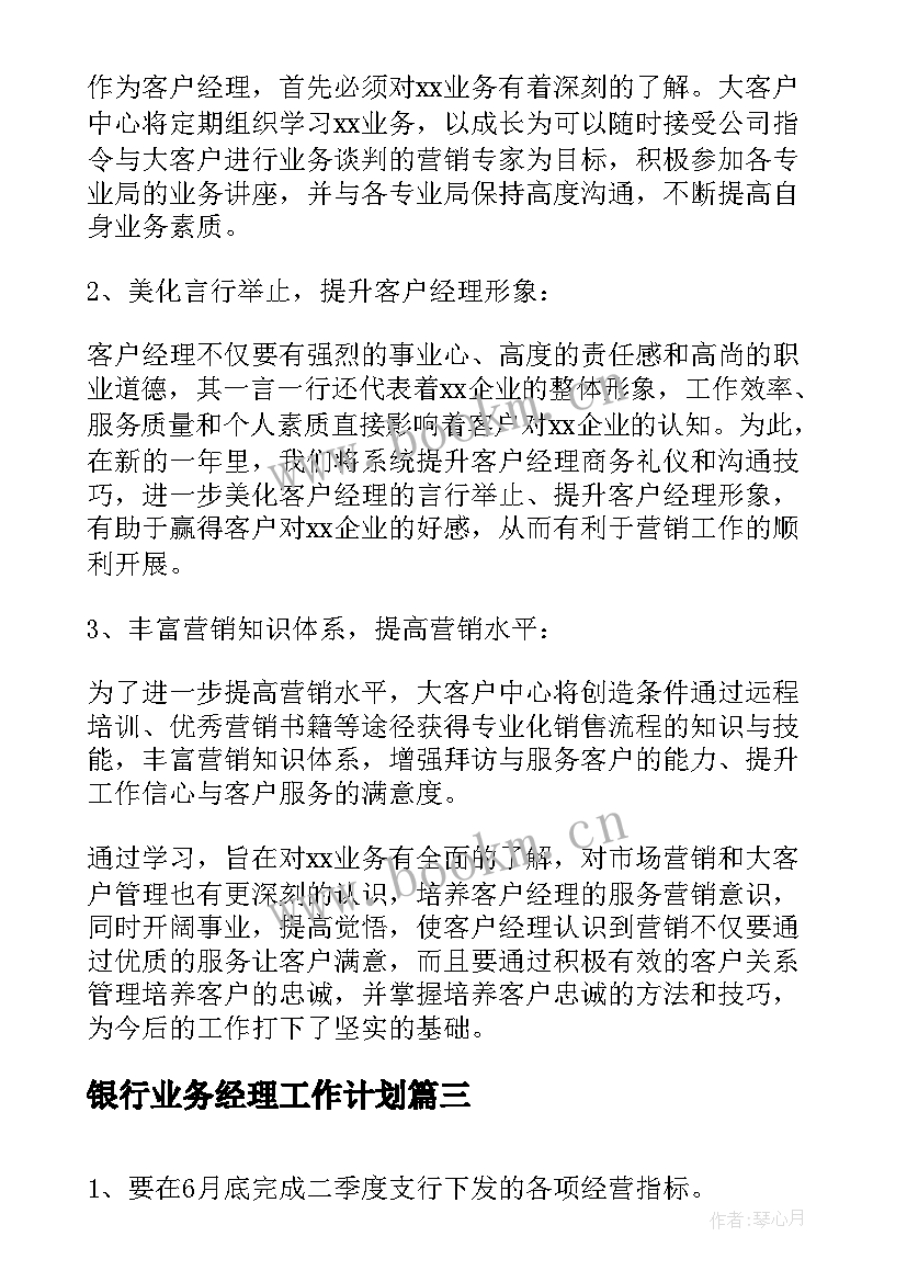 2023年银行业务经理工作计划(优秀8篇)