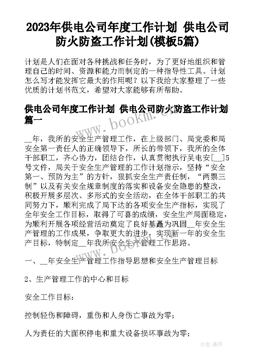 2023年供电公司年度工作计划 供电公司防火防盗工作计划(模板5篇)