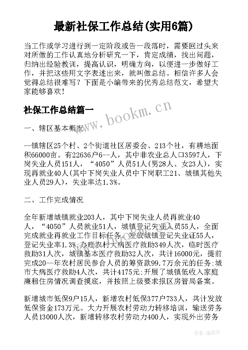 最新社保工作总结(实用6篇)