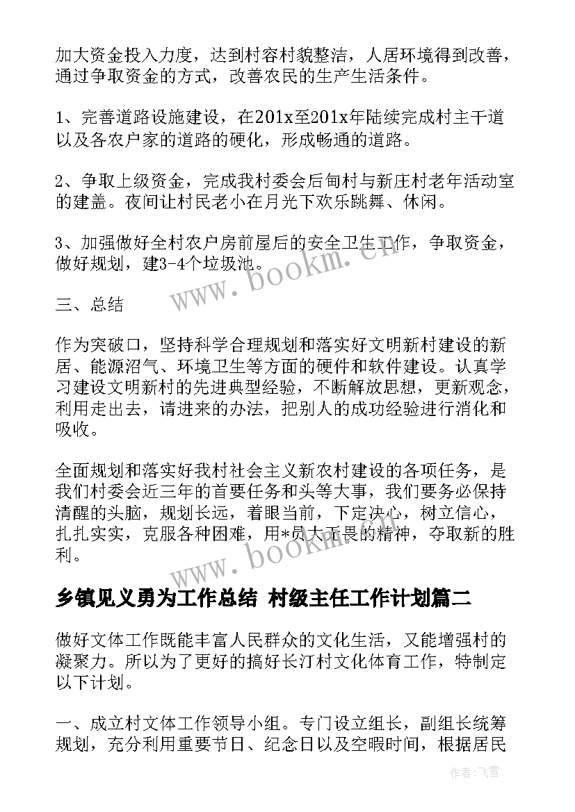 最新乡镇见义勇为工作总结 村级主任工作计划(模板5篇)