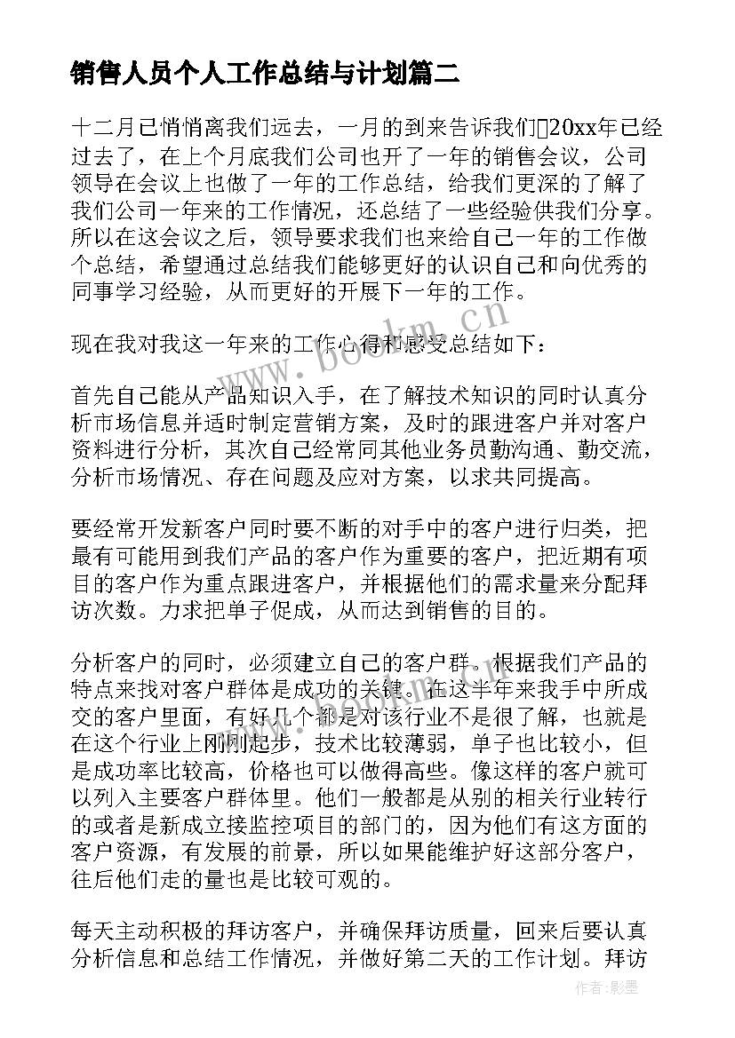 销售人员个人工作总结与计划(汇总5篇)