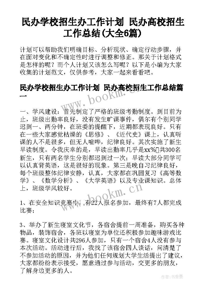 民办学校招生办工作计划 民办高校招生工作总结(大全6篇)