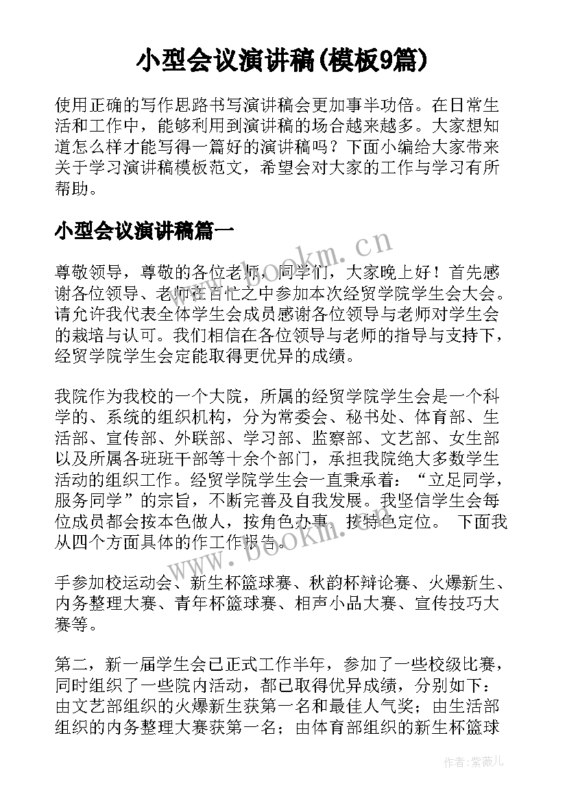 小型会议演讲稿(模板9篇)