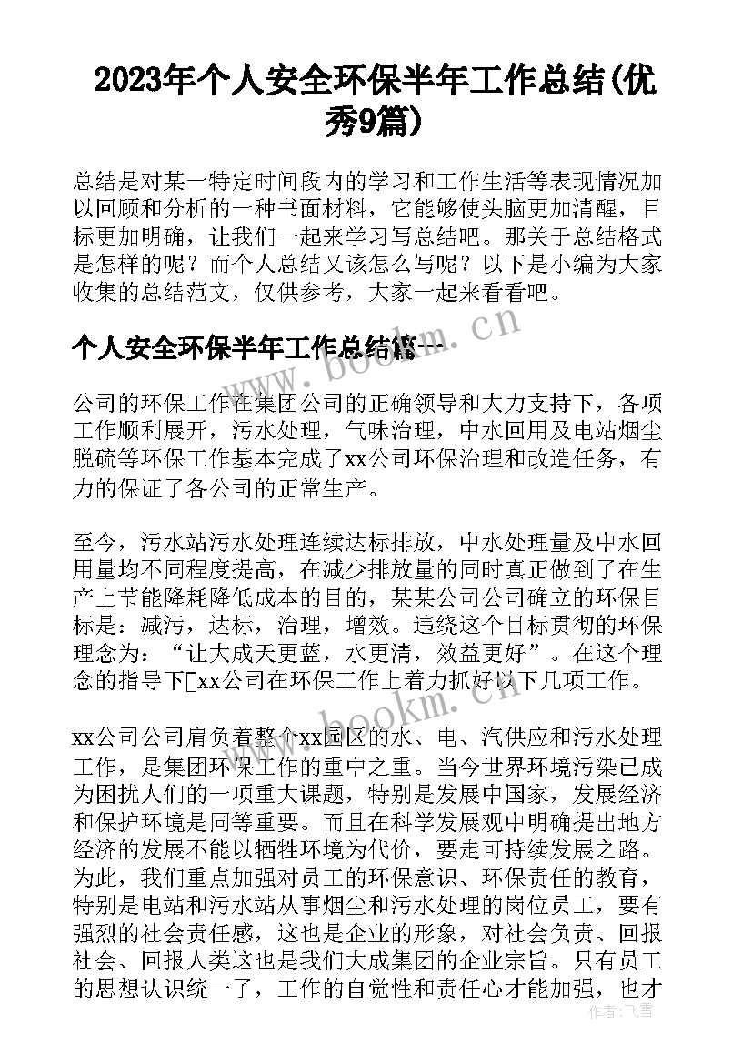 2023年个人安全环保半年工作总结(优秀9篇)