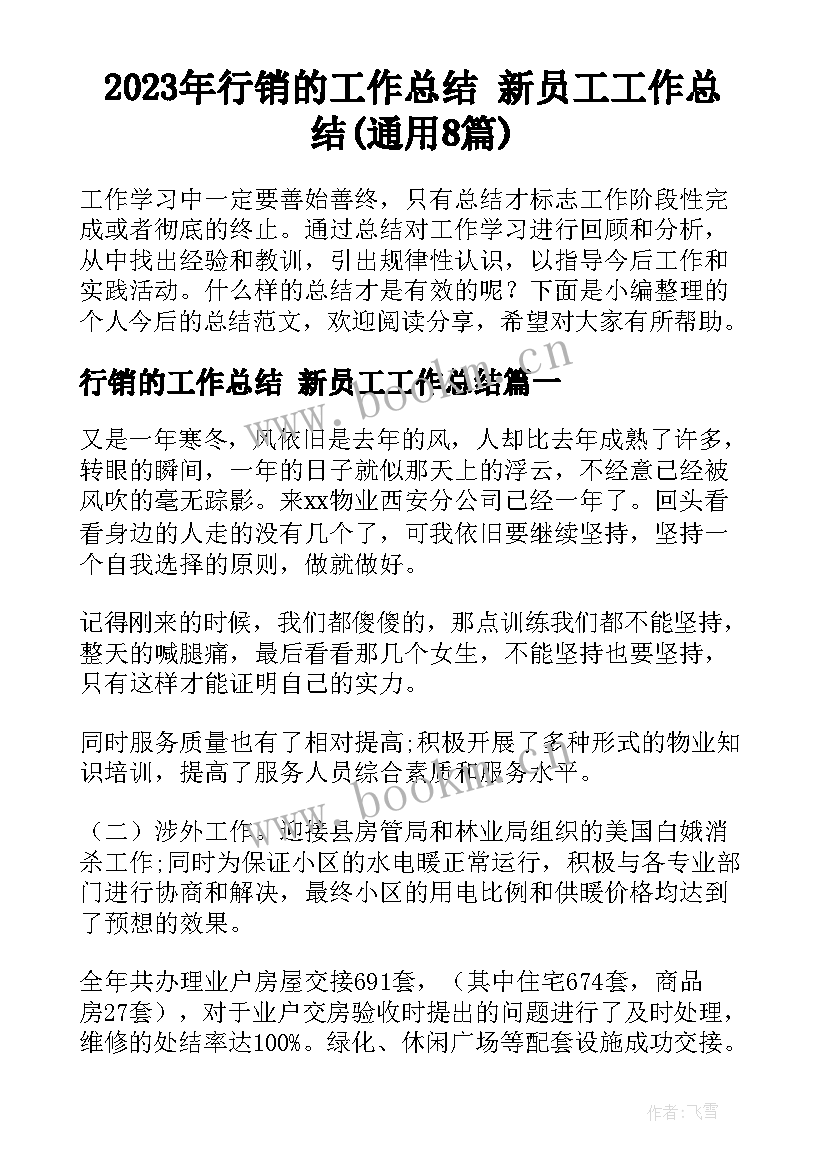 2023年行销的工作总结 新员工工作总结(通用8篇)