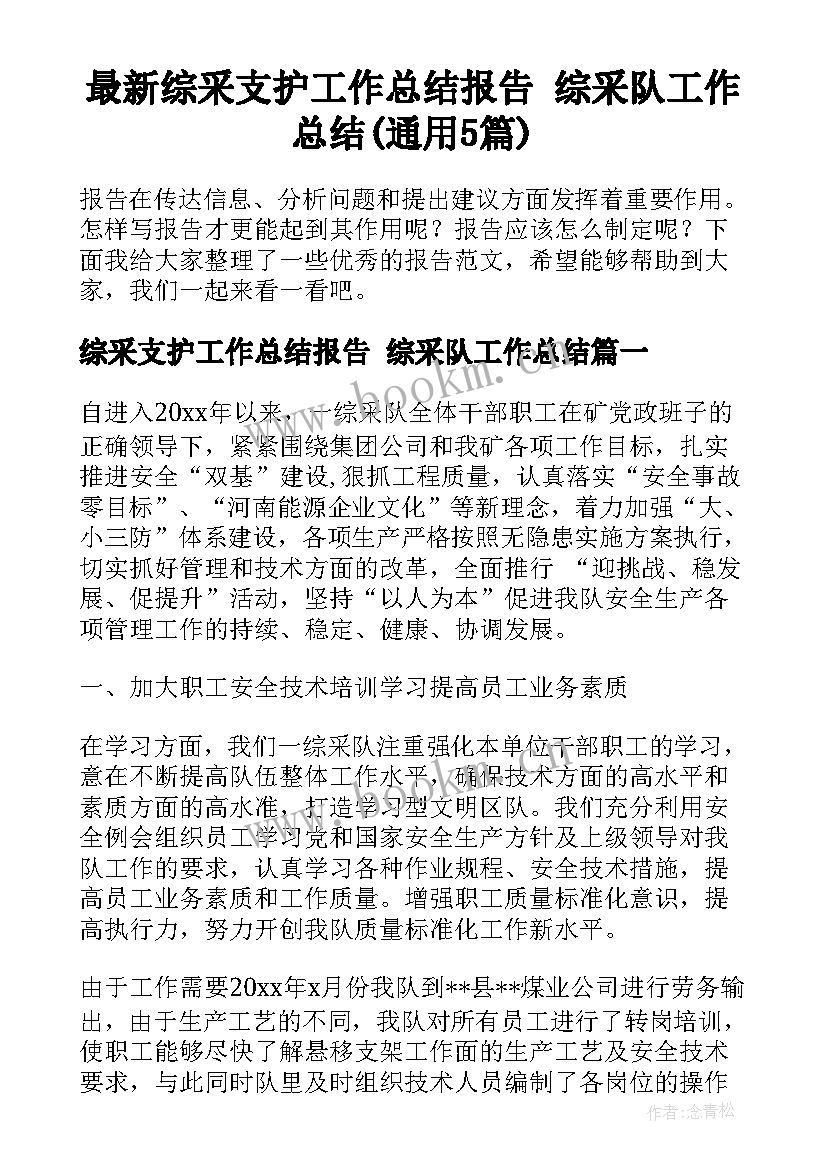 最新综采支护工作总结报告 综采队工作总结(通用5篇)