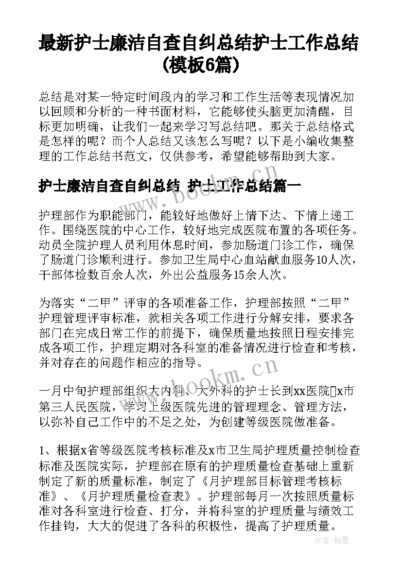 最新护士廉洁自查自纠总结 护士工作总结(模板6篇)