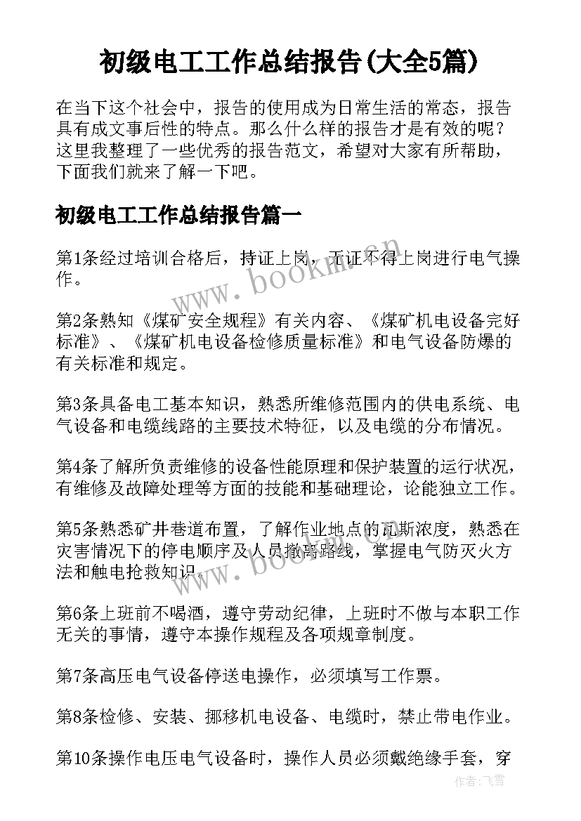 初级电工工作总结报告(大全5篇)