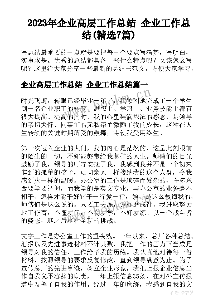 2023年企业高层工作总结 企业工作总结(精选7篇)