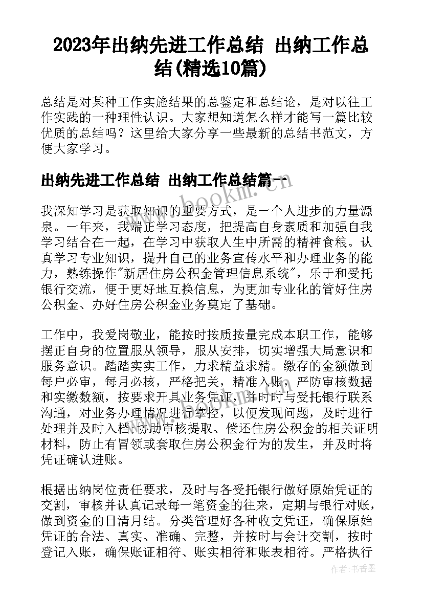 2023年出纳先进工作总结 出纳工作总结(精选10篇)