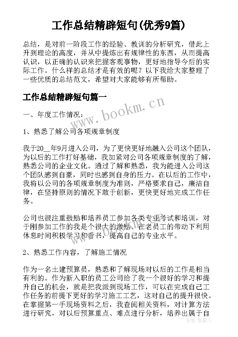 工作总结精辟短句(优秀9篇)