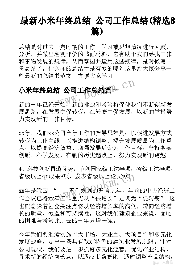 最新小米年终总结 公司工作总结(精选8篇)