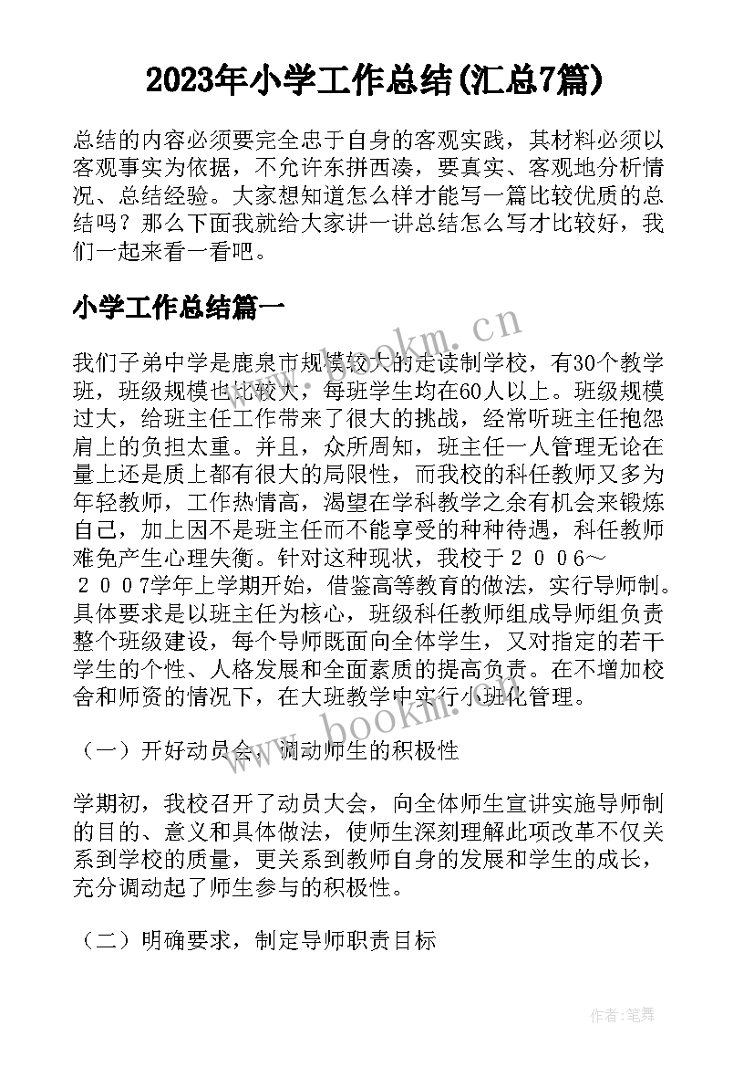 2023年小学工作总结(汇总7篇)