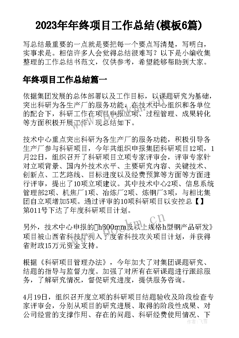 2023年年终项目工作总结(模板6篇)