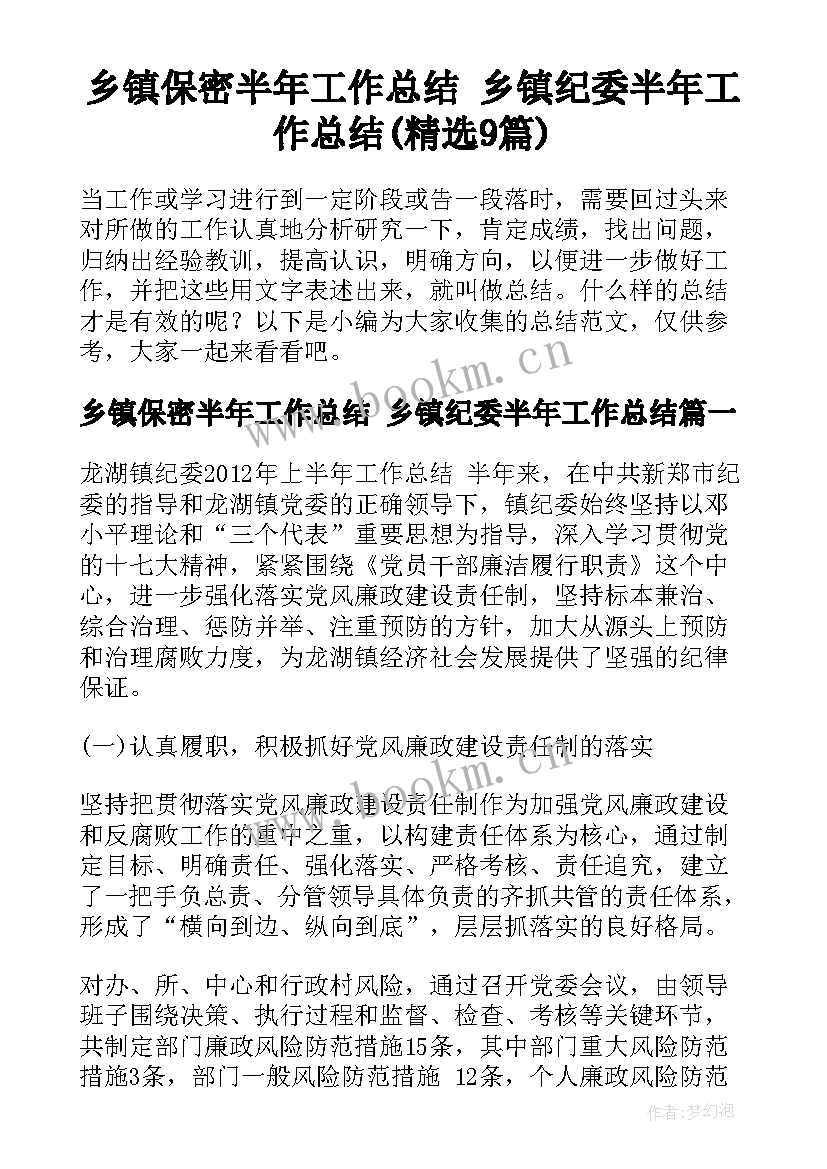 乡镇保密半年工作总结 乡镇纪委半年工作总结(精选9篇)