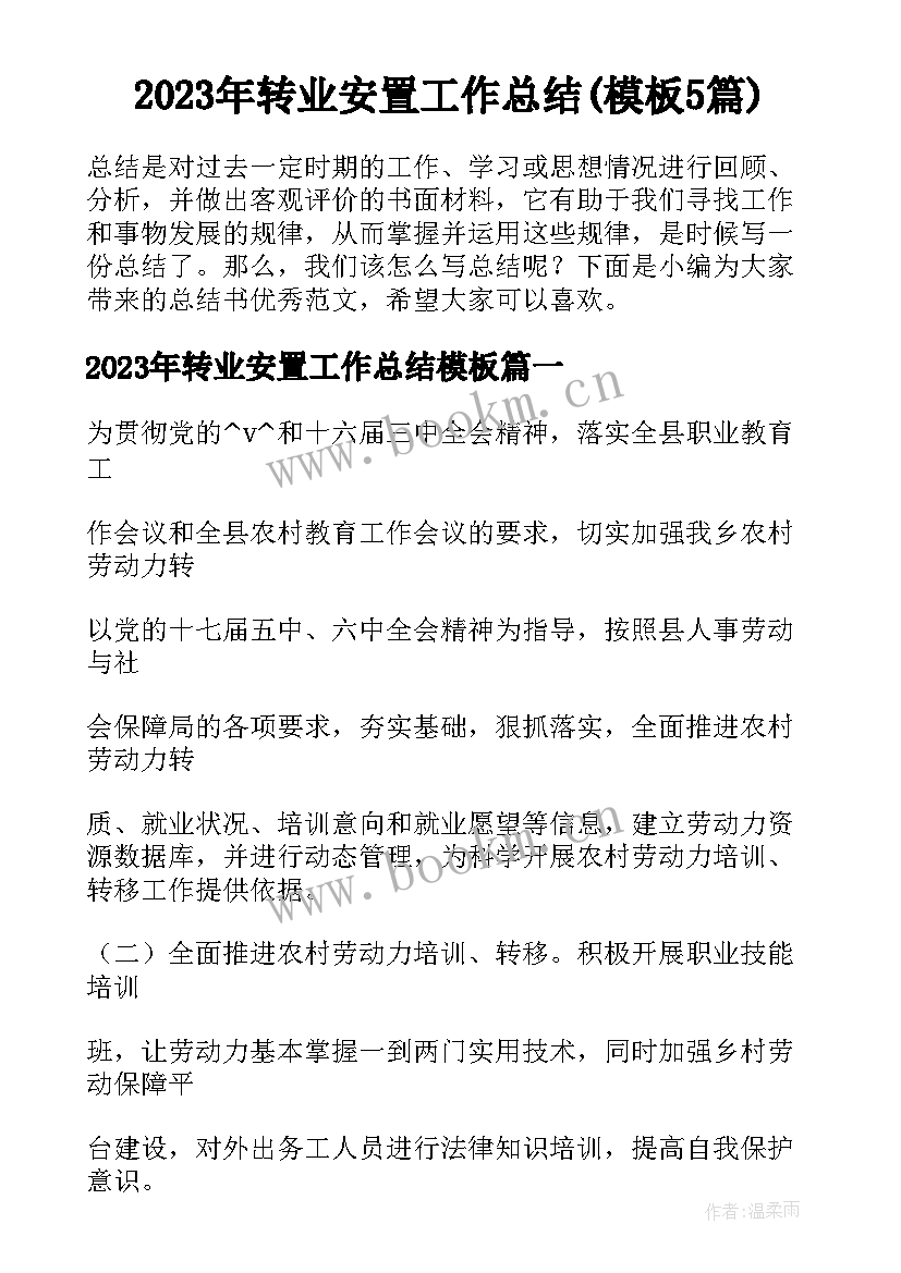 2023年转业安置工作总结(模板5篇)