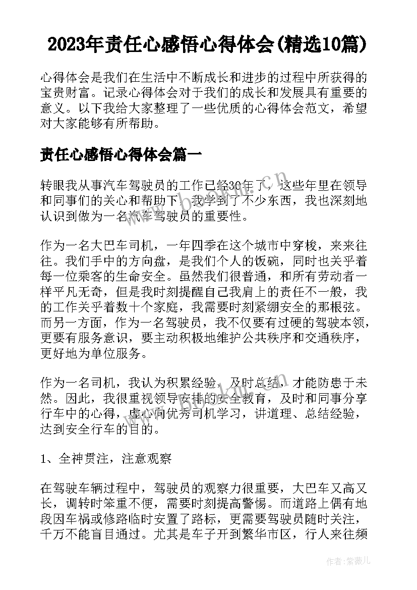 2023年责任心感悟心得体会(精选10篇)