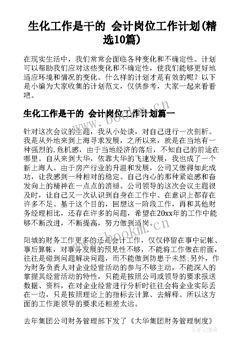 生化工作是干的 会计岗位工作计划(精选10篇)