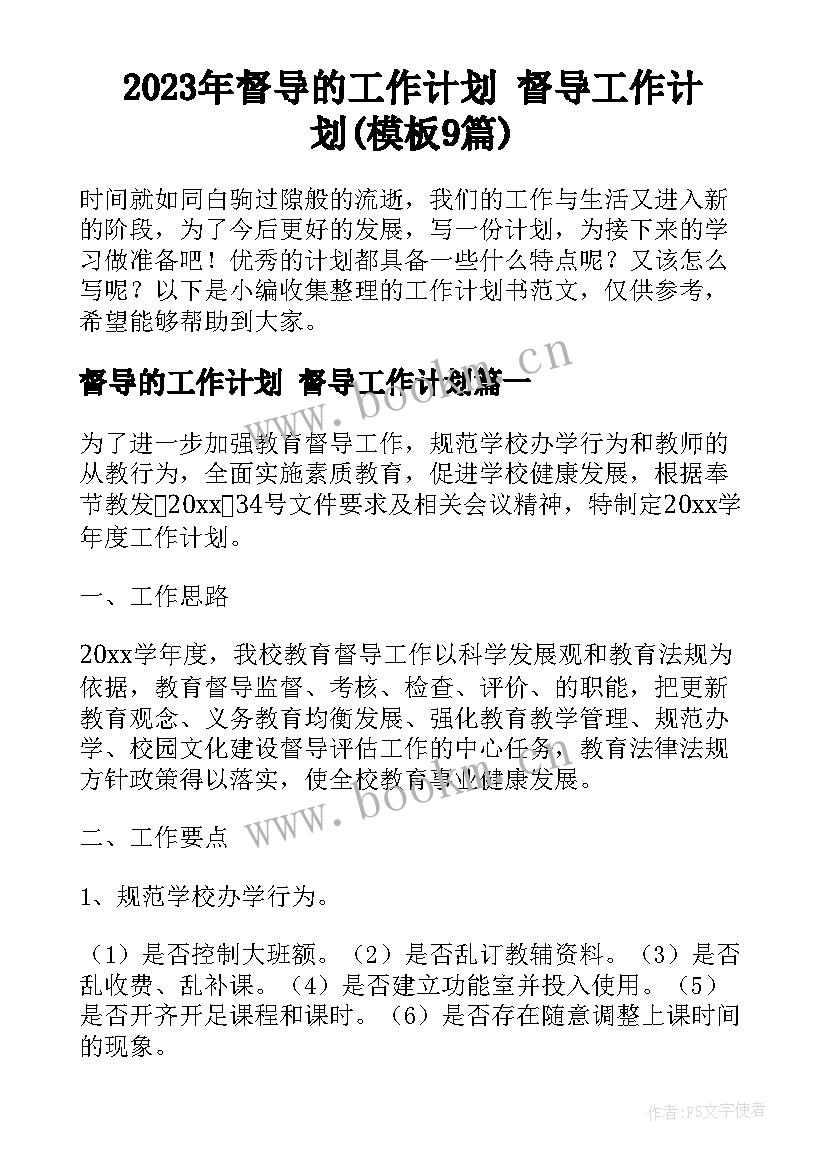 2023年督导的工作计划 督导工作计划(模板9篇)