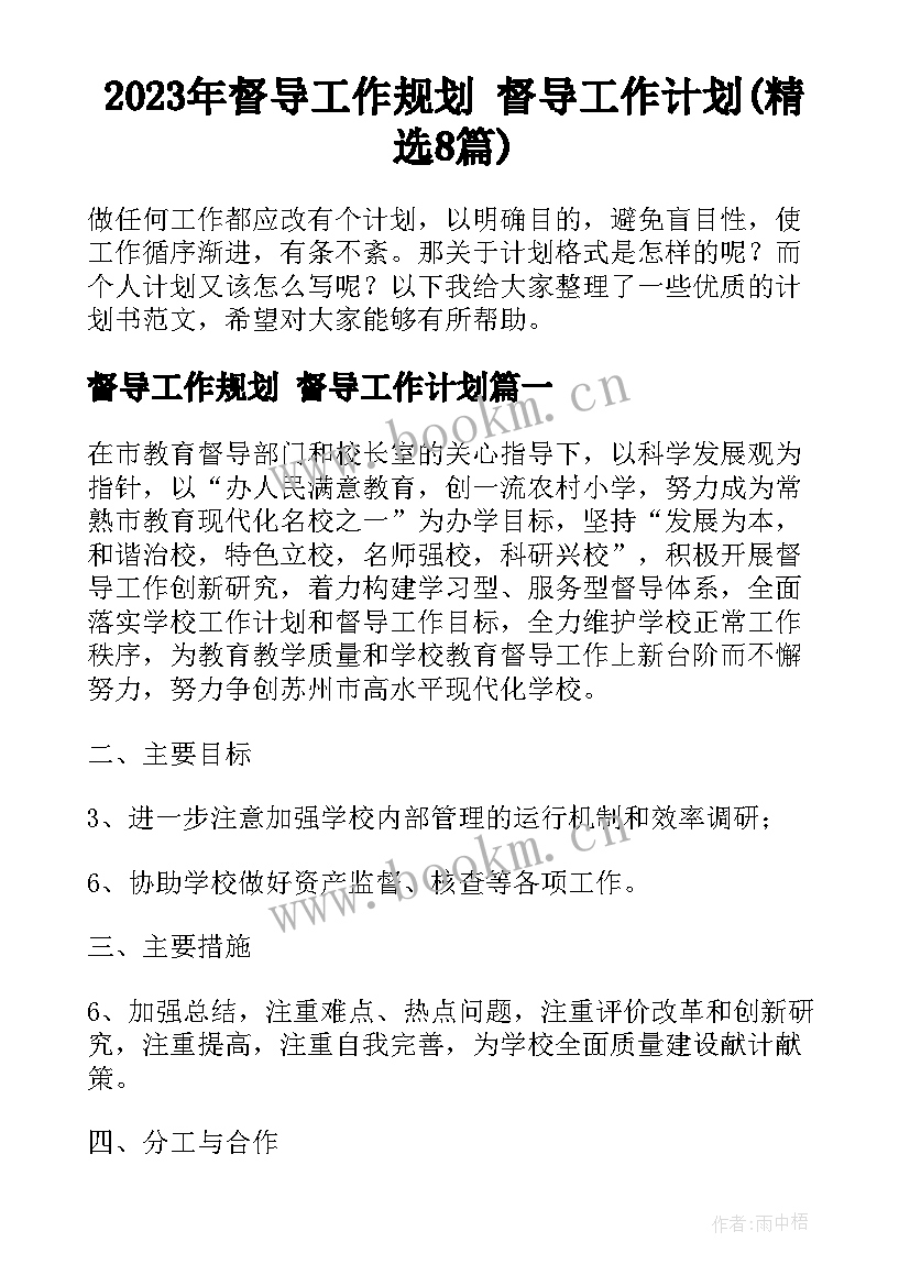 2023年督导工作规划 督导工作计划(精选8篇)