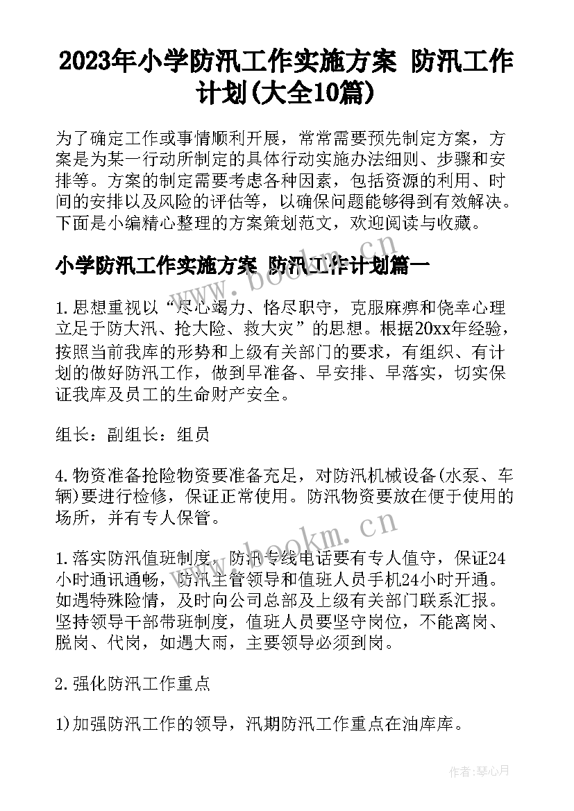 2023年小学防汛工作实施方案 防汛工作计划(大全10篇)