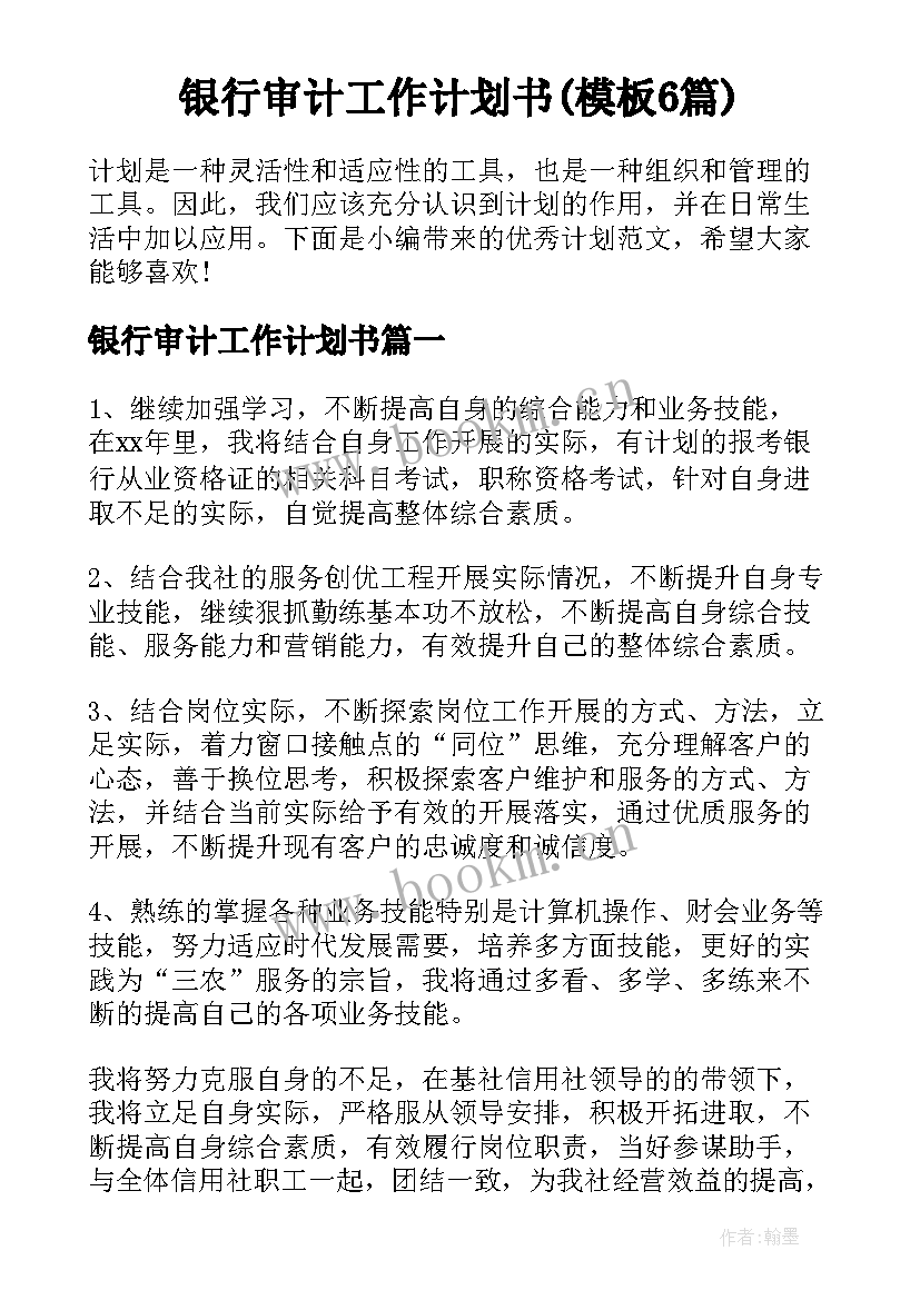 银行审计工作计划书(模板6篇)