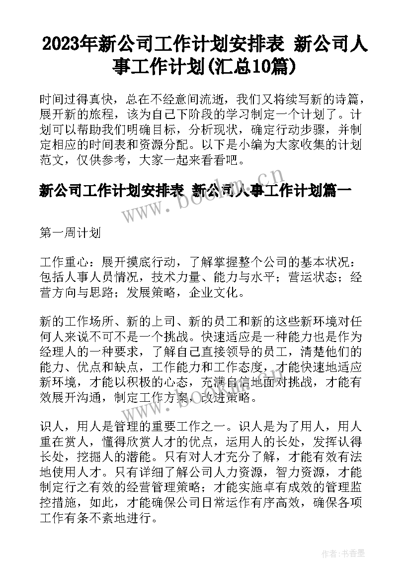 2023年新公司工作计划安排表 新公司人事工作计划(汇总10篇)