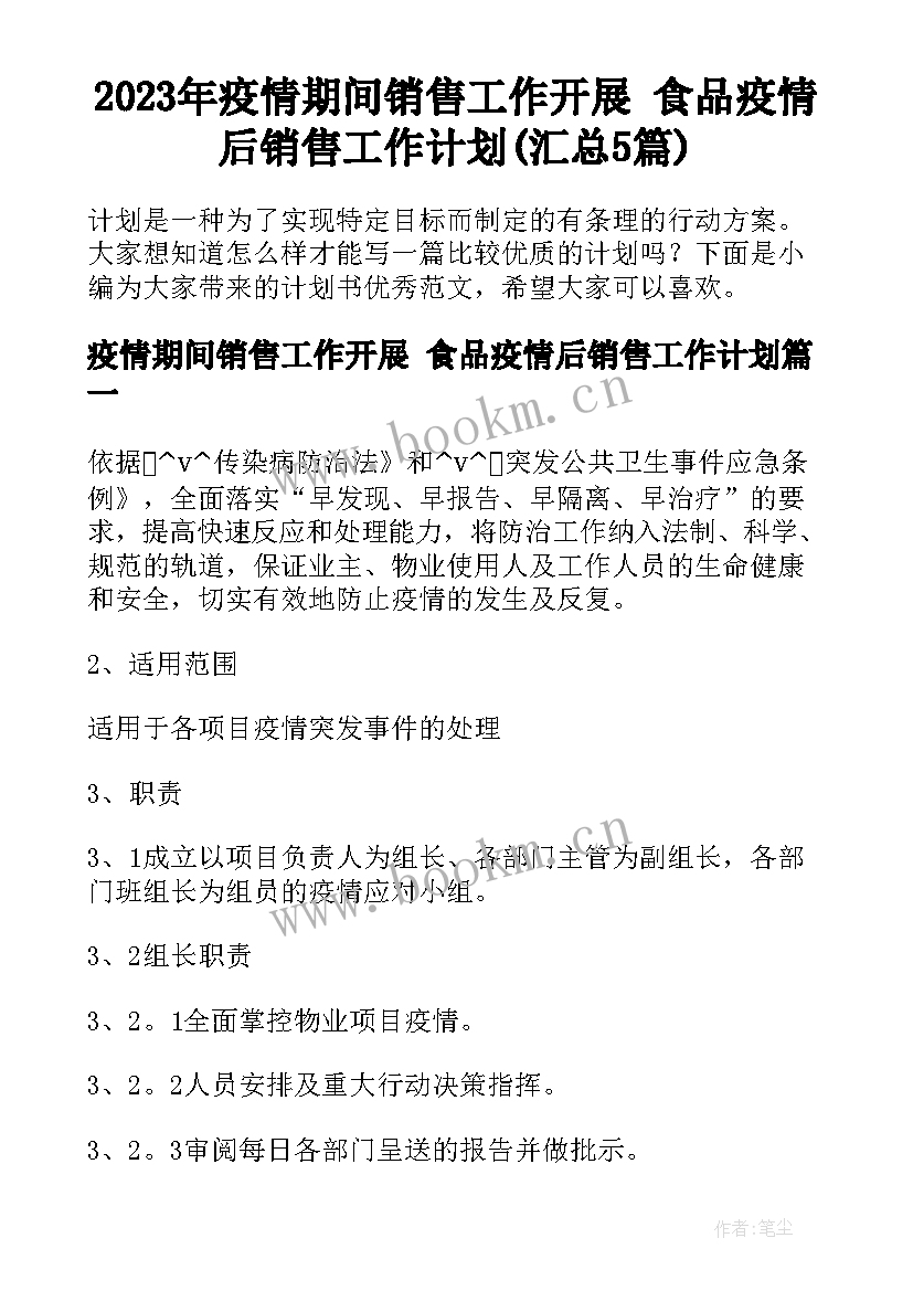 2023年疫情期间销售工作开展 食品疫情后销售工作计划(汇总5篇)