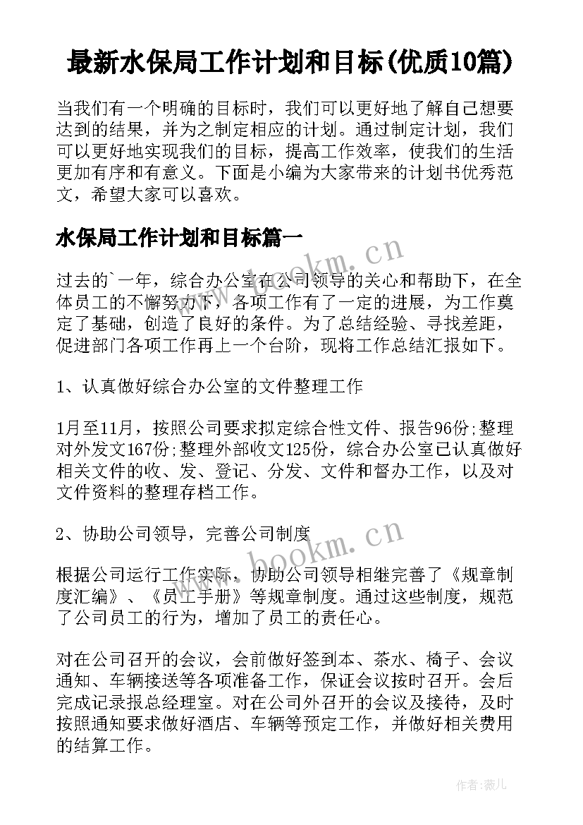 最新水保局工作计划和目标(优质10篇)