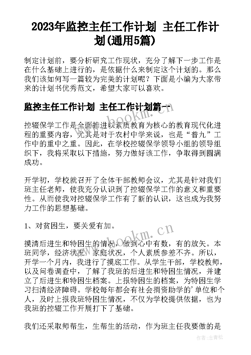 2023年监控主任工作计划 主任工作计划(通用5篇)