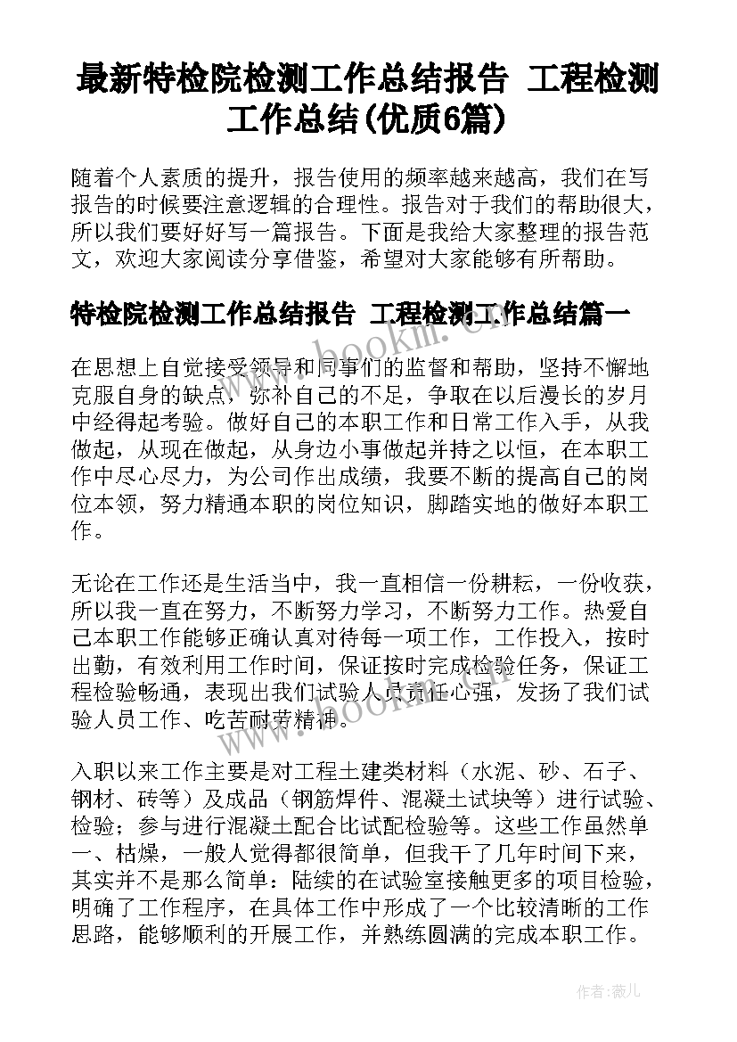 最新特检院检测工作总结报告 工程检测工作总结(优质6篇)