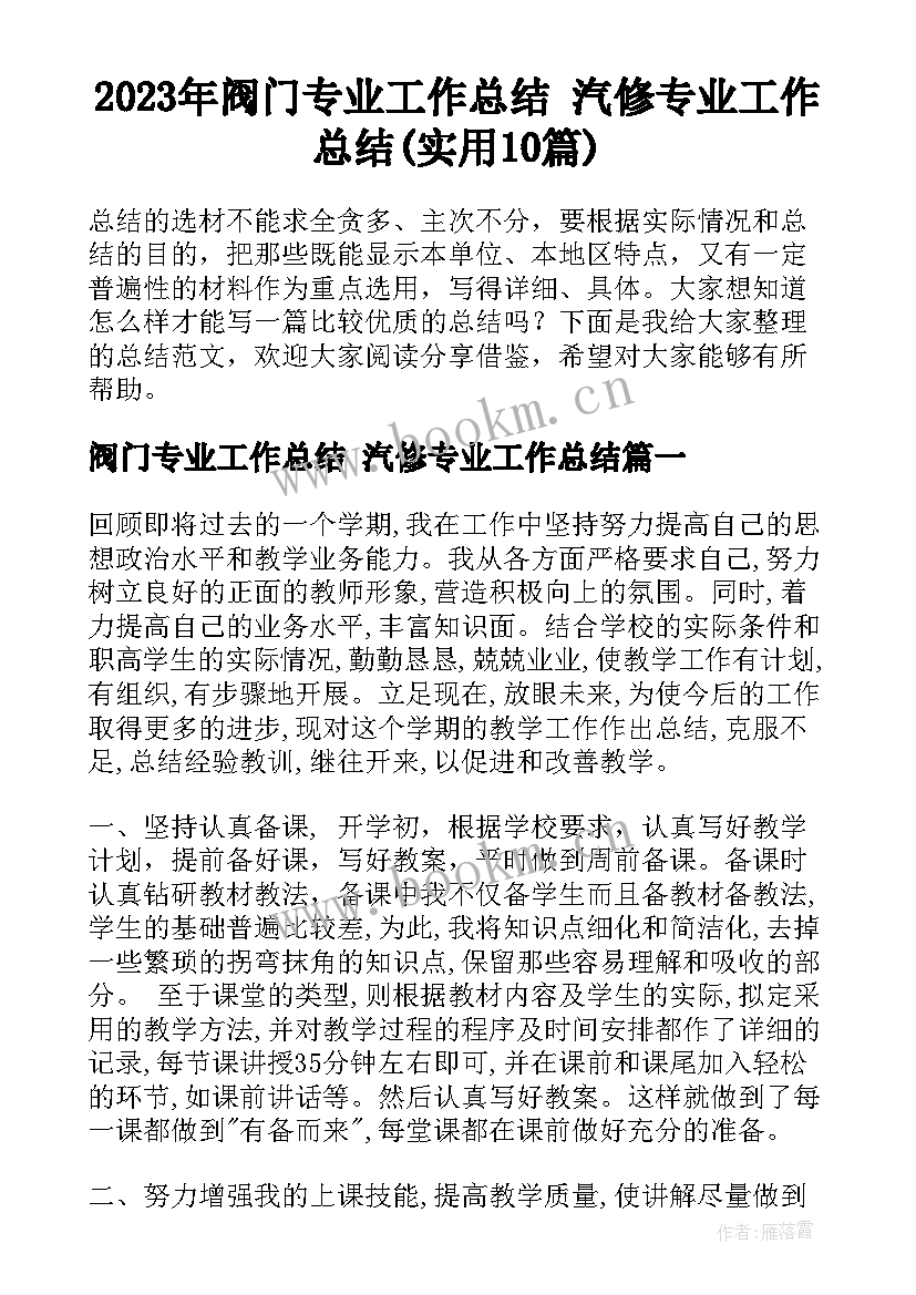 2023年阀门专业工作总结 汽修专业工作总结(实用10篇)