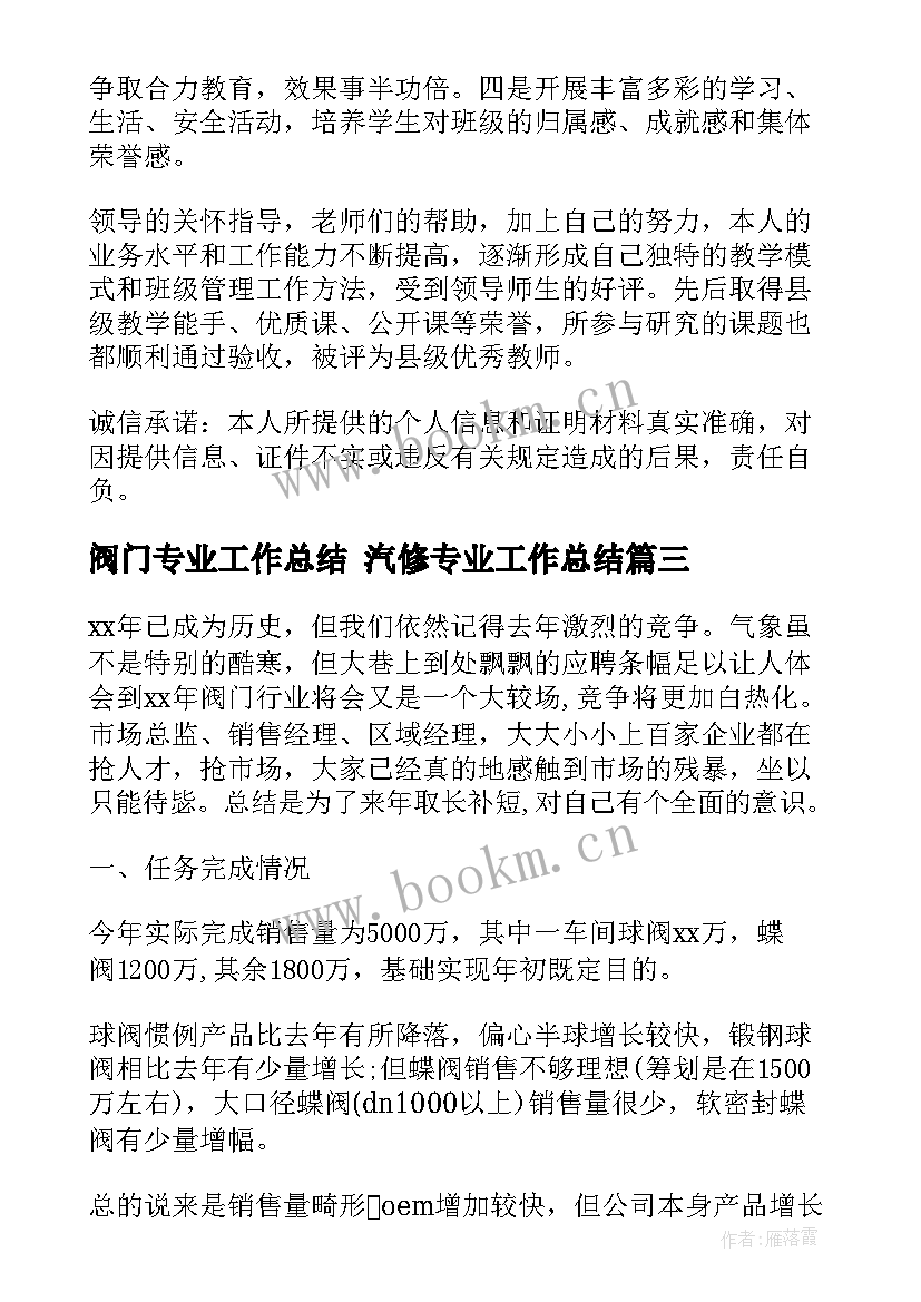 2023年阀门专业工作总结 汽修专业工作总结(实用10篇)