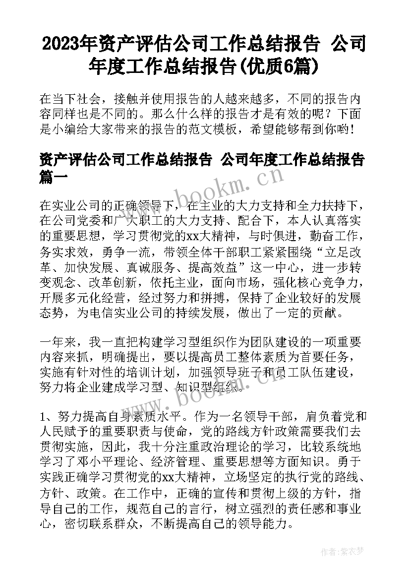 2023年资产评估公司工作总结报告 公司年度工作总结报告(优质6篇)